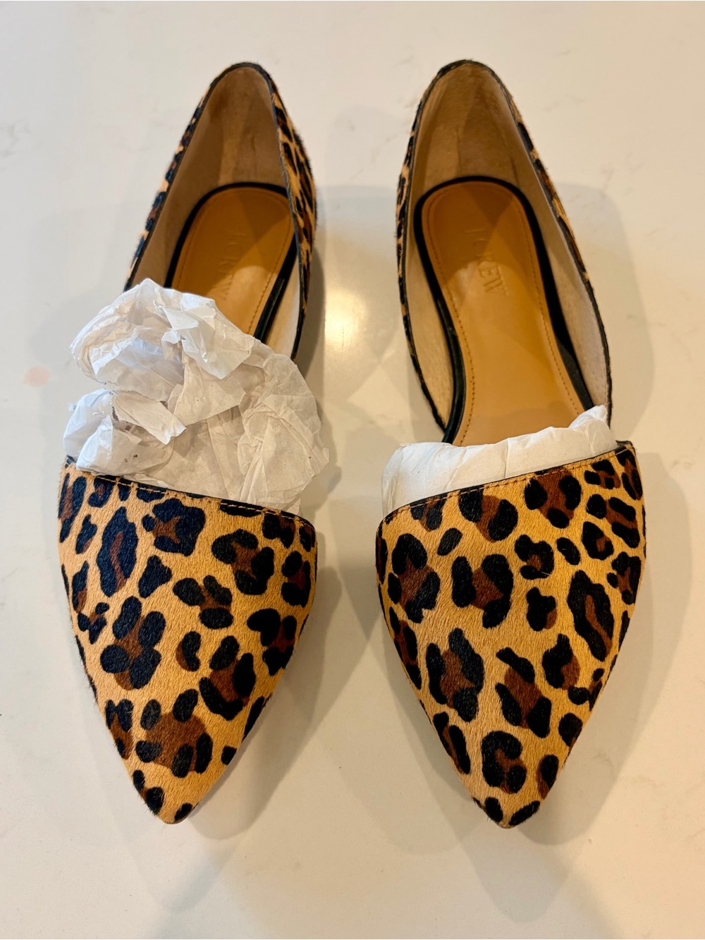 J.Crew Zoe D'Orsay flats in a leopard-print calf hair with a pointed-toe design